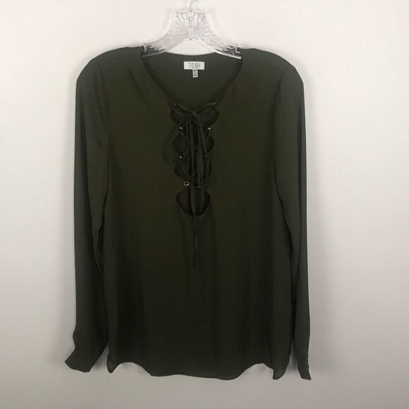 Tobi Army Green Lace Up Sheer Long Sleeve Blouse Women's Size Small - Picture 1 of 7